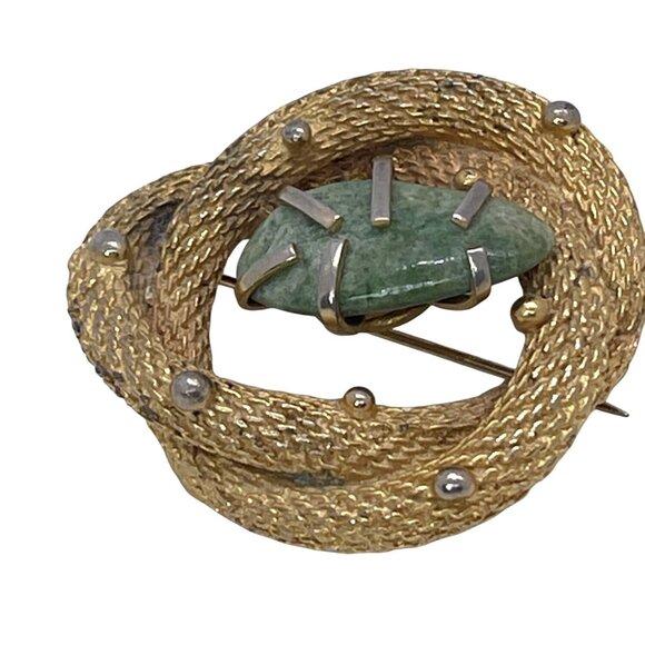 BSK Vintage Pin Textured Twisted Rope Knot Gold-Tone Brooch Green Stone Agate - Picture 9 of 9